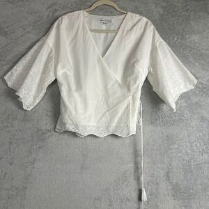 Cupcakes and Cashmere Blouse Top White Eyelet Embroidered Wrap Kimono Sleeve M